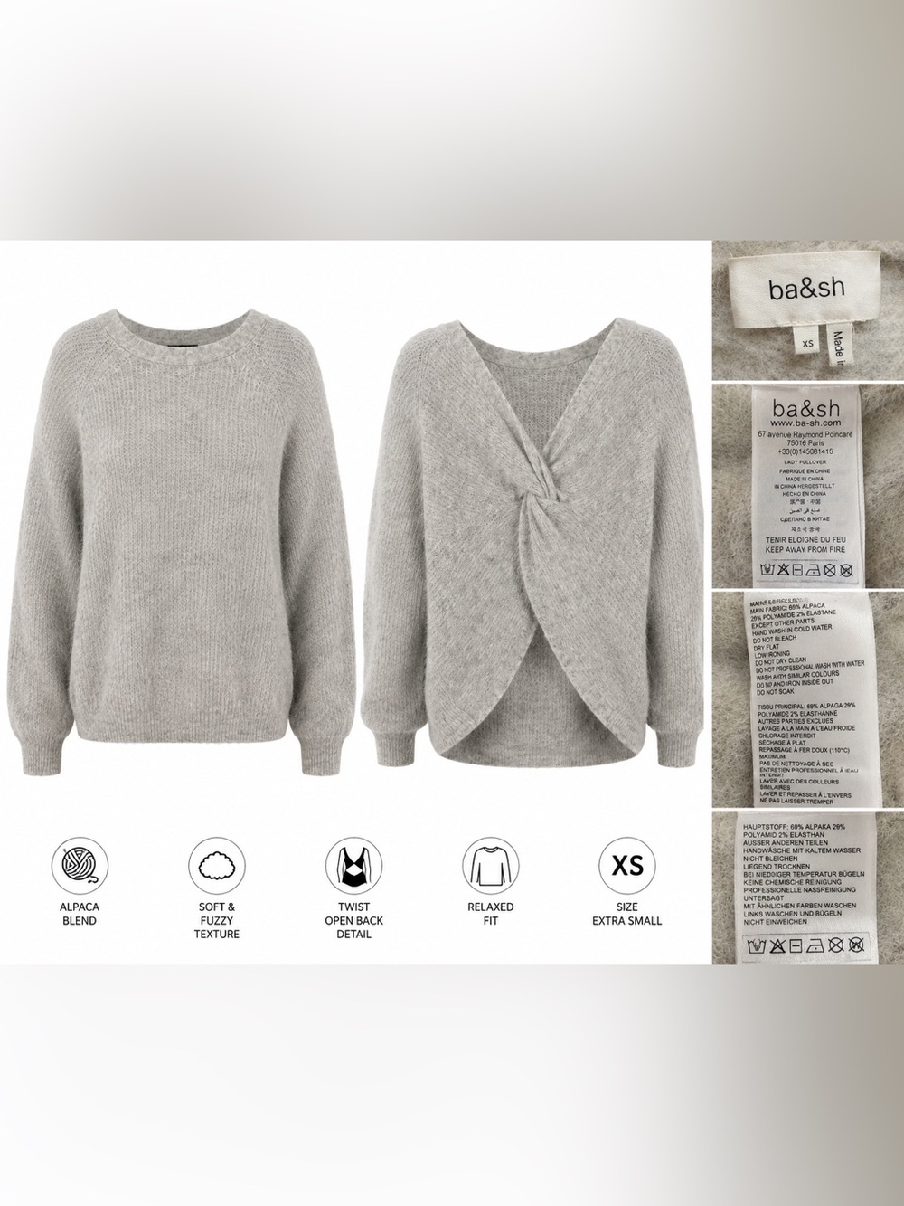 ba&sh Alpaca Blend Twist Back Sweater XS Gray Fuzzy Knit Open Back Pullover